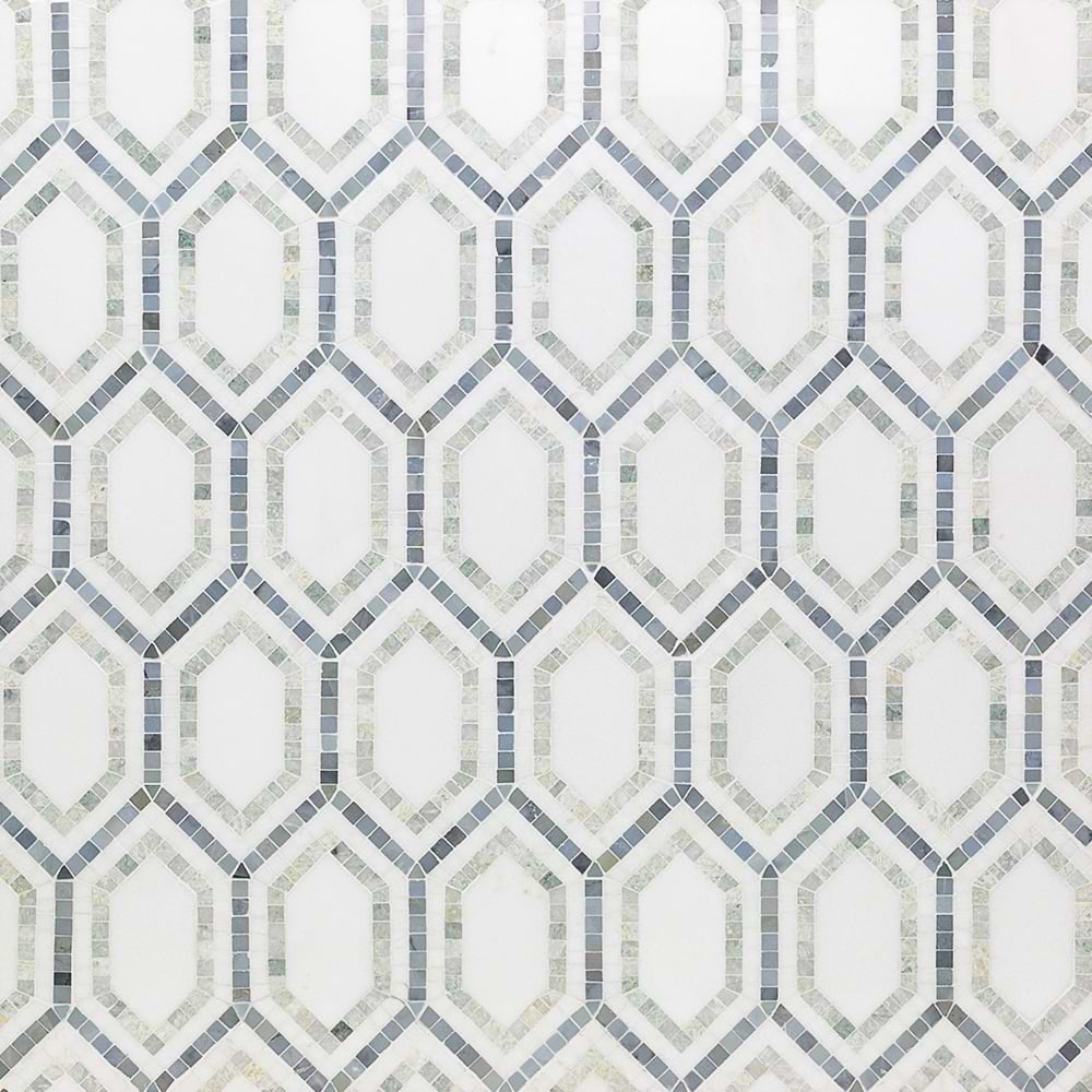 New Era Thassos Long Hexagon with Ming Green- Thassos- Lin Blue Polished Marble