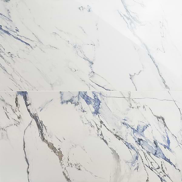Calacatta Azul 24x48 Polished; in White + Gray + Blue Porcelain; for Backsplash, Bathroom Floor, Bathroom Wall, Commercial Floor, Floor Tile, Kitchen Floor, Kitchen Wall, Outdoor Wall, Shower Wall, Wall Tile; in Style Ideas Beach, Classic, Contemporary, Mediterranean, Modern, Transitional