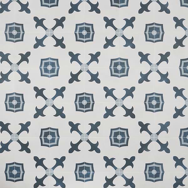Dhar White Herald 9x9; in Blue + White Porcelain; for Backsplash, Bathroom Floor, Bathroom Wall, Commercial Floor, Floor Tile, Kitchen Floor, Kitchen Wall, Outdoor Floor, Outdoor Wall, Shower Floor, Shower Wall, Wall Tile; in Style Ideas Cottage, Farmhouse, Mediterranean, Mid Century, Traditional, Transitional