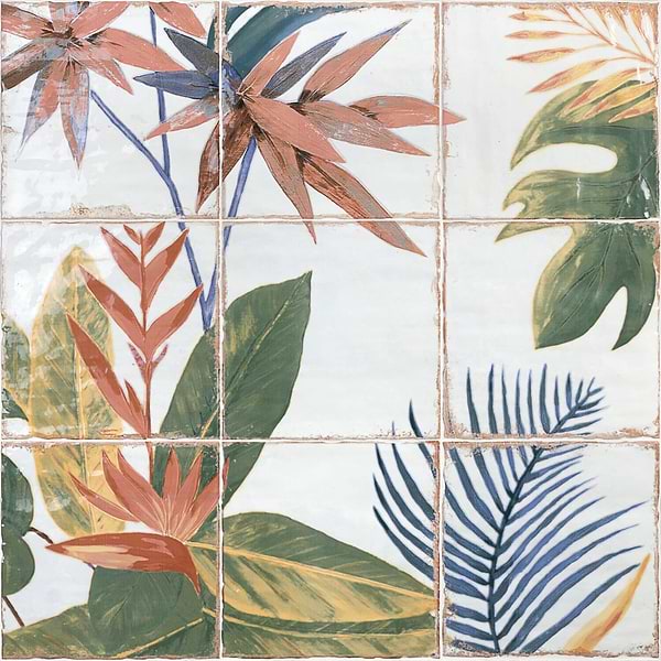 Angela Harris Dunmore Sonata Mural 8x8; in Green + Blue + Red- Brown + Cream Ceramic; for Backsplash, Bathroom Wall, Kitchen Wall, Shower Wall, Wall Tile; in Style Ideas Beach, Craftsman, Farmhouse, Tropical, Whimsical