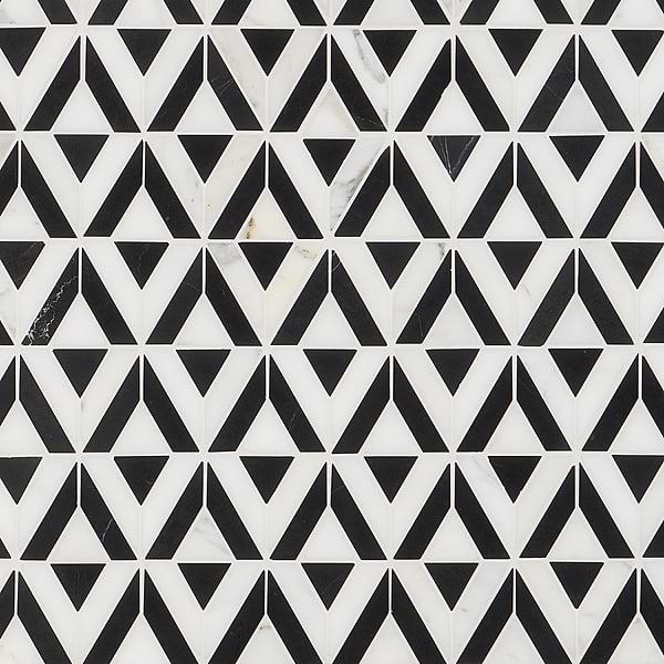 Avant Garde Triangle Calacatta and Black Jade; in Black + White Marble; for Backsplash, Bathroom Floor, Bathroom Wall, Commercial Floor, Floor Tile, Kitchen Floor, Kitchen Wall, Outdoor Floor, Outdoor Wall, Shower Floor, Shower Wall, Wall Tile; in Style Ideas Art Deco, Mid Century, Modern