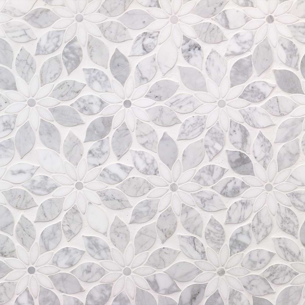 MJ Rain Flower - White Carrara, White Thassos with White Carrara Dot 