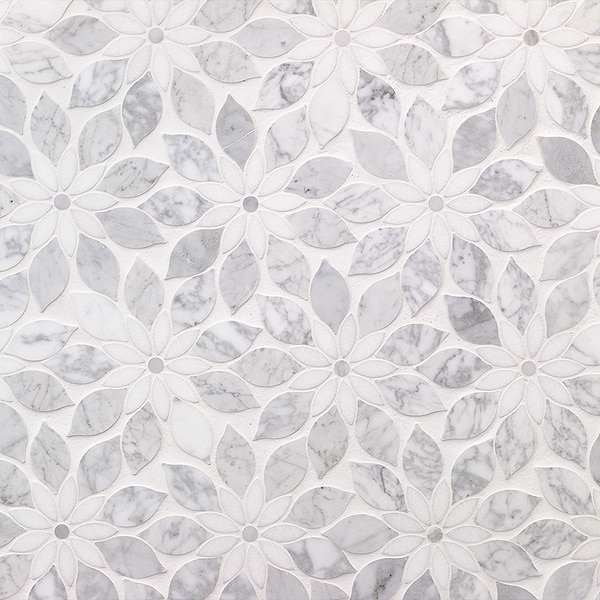MJ Rain Flower - White Carrara, White Thassos with White Carrara Dot; in White & Gray Thassos + Carrara; for Backsplash, Bathroom Floor, Bathroom Wall, Commercial Floor, Floor Tile, Kitchen Floor, Kitchen Wall, Outdoor Floor, Outdoor Wall, Shower Floor, Shower Wall, Wall Tile; in Style Ideas Farmhouse, Mid Century, Tropical