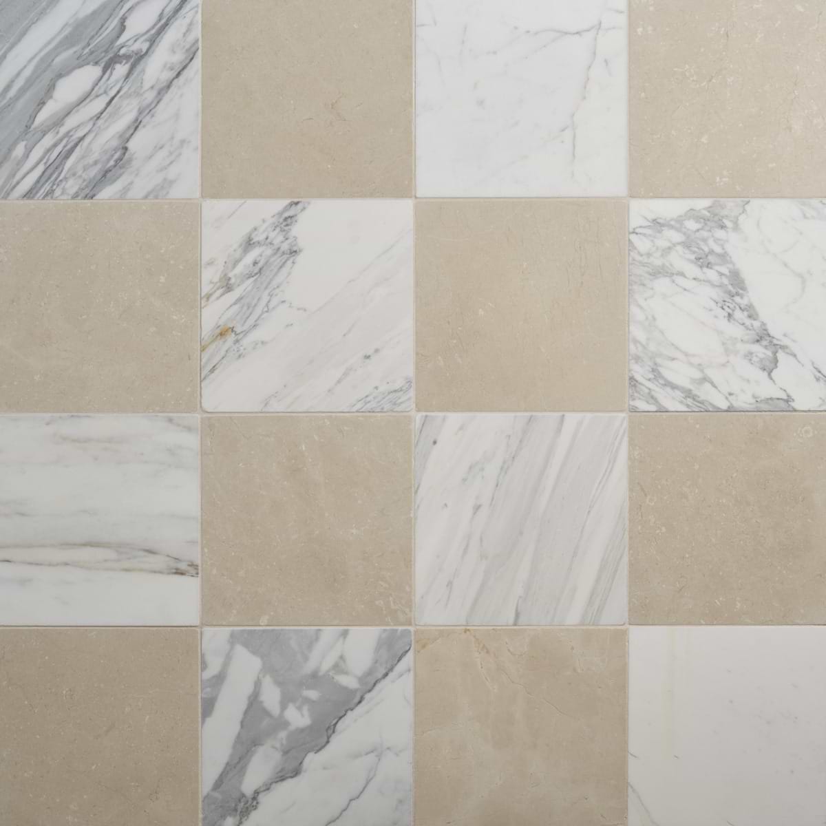 Kit - Mason Checkerboard Calacatta Gold and Crema Marfil 12x12 Tumbled Marble Tile 