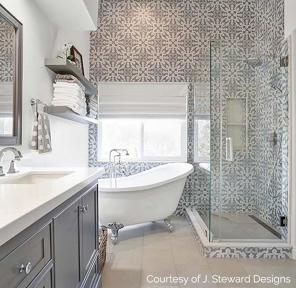 Hermosa Moma 9x9; in Blue + Gray + White Porcelain; for Backsplash, Bathroom Floor, Bathroom Wall, Commercial Floor, Floor Tile, Kitchen Floor, Kitchen Wall, Outdoor Floor, Outdoor Wall, Shower Floor, Shower Wall, Wall Tile; in Style Ideas Farmhouse, Mediterranean, Mid Century