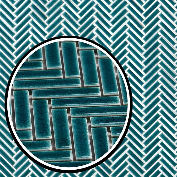 Motek Teal 1x2" Herringbone Crackled Glossy Porcelain Mosaic Tile