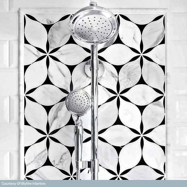 Ethereal Nero Marquina & Calacatta Polished Marble Tile- Black & White Floral