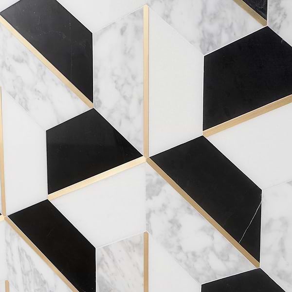 Carraway Nero Blanco Polished Marble and Brass Mosaic Tile