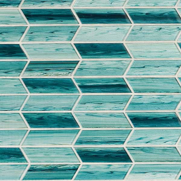 Brook Chevron Teal; in Green Glass; for Backsplash, Bathroom Wall, Kitchen Wall, Wall Tile; in Style Ideas Beach, Classic, Contemporary, Mediterranean, Traditional, Transitional, Tropical