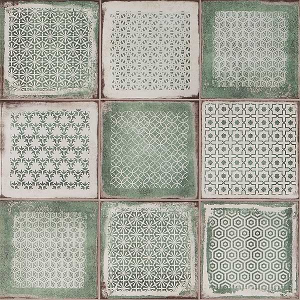 Bernalillo Deco Green 8x8; in Green Porcelain; for Backsplash, Bathroom Floor, Bathroom Wall, Commercial Floor, Floor Tile, Kitchen Floor, Kitchen Wall, Outdoor Floor, Outdoor Wall, Shower Wall, Wall Tile; in Style Ideas Contemporary, Cottage, Craftsman, Farmhouse, Mediterranean, Mid Century, Rustic, Traditional, Transitional