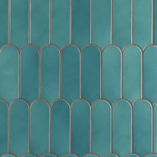 Fan Teal Blue 3x8 Fishscale Mixed Finishes Ceramic Wall Tile