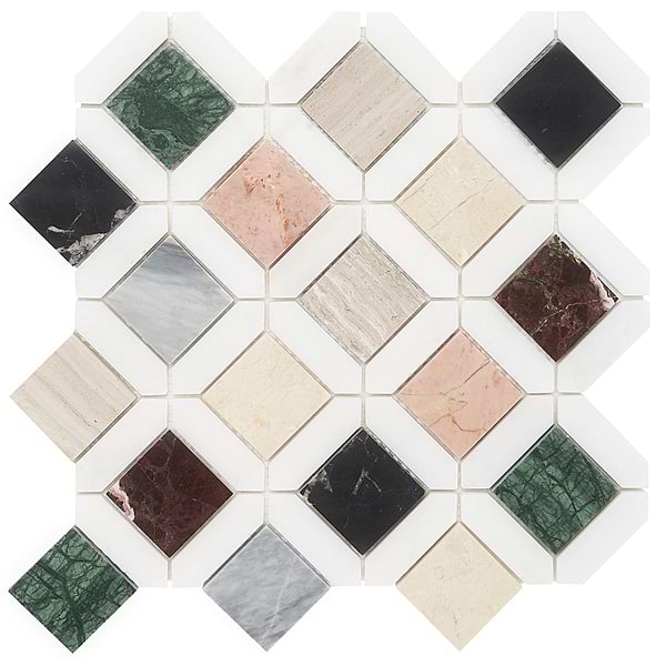 Chosen Multi Marble Mosaic; in Multicolor Various Marbles; for Backsplash, Bathroom Floor, Bathroom Wall, Commercial Floor, Floor Tile, Kitchen Floor, Kitchen Wall, Outdoor Wall, Shower Floor, Shower Wall, Wall Tile; in Style Ideas Contemporary, Craftsman, Mid Century, Modern, Transitional