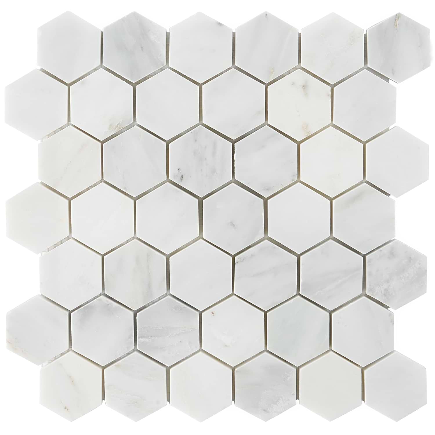 Asian Statuary 2" Hexagon; in White base with gray and gold veining Asian Statuary; for Backsplash, Bathroom Floor, Bathroom Wall, Commercial Floor, Floor Tile, Kitchen Floor, Kitchen Wall, Outdoor Floor, Outdoor Wall, Shower Floor, Shower Wall, Wall Tile; in Style Ideas Art Deco, Classic, Contemporary, Modern, Traditional, Transitional