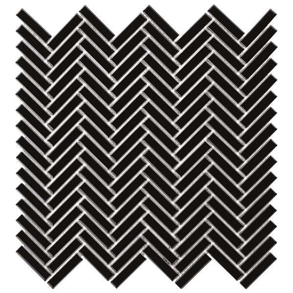 Motek Black 1x2" Herringbone Glossy Porcelain Mosaic Tile