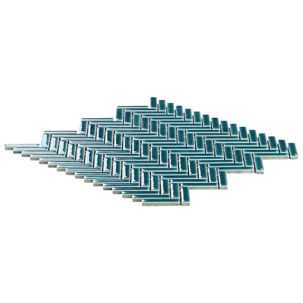 Motek Teal 1x2" Herringbone Crackled Glossy Porcelain Mosaic Tile