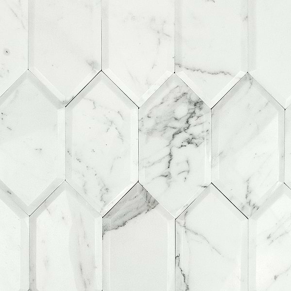 Close Out - Elongated Beveled Hexagon Calacatta; in White w/ Gray & Gold Veins Calacatta Gold; for Backsplash, Bathroom Wall, Kitchen Wall, Outdoor Wall, Shower Wall, Wall Tile; in Style Ideas Art Deco, Classic, Contemporary, Modern, Traditional, Transitional