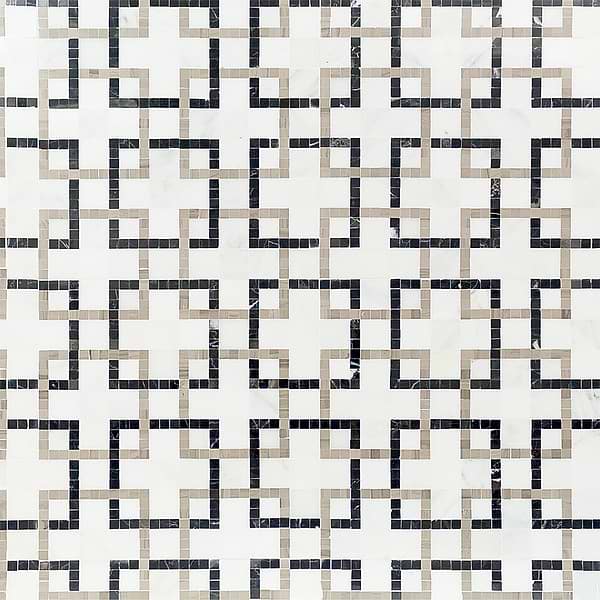 Stone Pathway - Asian Statuary with Athens Gray & Nero Lines; in White + Gray + Black Asian Statuary + Black Marble + Athens Gray; for Backsplash, Bathroom Floor, Bathroom Wall, Commercial Floor, Floor Tile, Kitchen Floor, Kitchen Wall, Outdoor Wall, Shower Floor, Shower Wall, Wall Tile; in Style Ideas Art Deco, Mid Century, Modern, Transitional