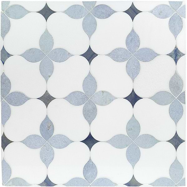 MJ Blue Blazingstar - White Thassos, Blue Celeste & Azul Macauba; in White Thassos + Blue Celeste + Azul Macauba Thassos + Blue Marble; for Backsplash, Bathroom Floor, Bathroom Wall, Commercial Floor, Floor Tile, Kitchen Floor, Kitchen Wall, Outdoor Wall, Shower Wall, Wall Tile; in Style Ideas Craftsman, Farmhouse, Modern, Traditional