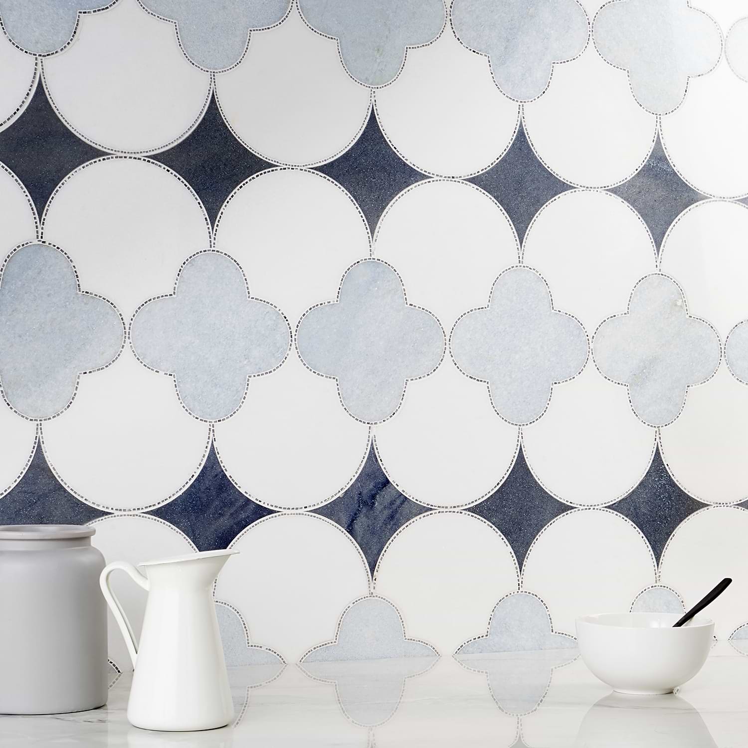 Fiore Azul - Blue Celeste, Macauba, Thassos & Burlington Line; in Blue + White Blue Celest, Macauba, Thassos, Halley Gray Line; for Backsplash, Bathroom Floor, Bathroom Wall, Commercial Floor, Floor Tile, Kitchen Floor, Kitchen Wall, Outdoor Wall, Shower Floor, Shower Wall, Wall Tile; in Style Ideas Classic, Contemporary, Craftsman, Mid Century, Traditional, Transitional