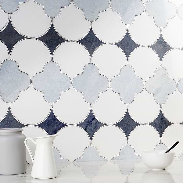 Fiore Azul - Blue Celeste, Macauba, Thassos & Burlington Line; in Blue + White Blue Celest, Macauba, Thassos, Halley Gray Line; for Backsplash, Bathroom Floor, Bathroom Wall, Commercial Floor, Floor Tile, Kitchen Floor, Kitchen Wall, Outdoor Wall, Shower Floor, Shower Wall, Wall Tile; in Style Ideas Classic, Contemporary, Craftsman, Mid Century, Traditional, Transitional
