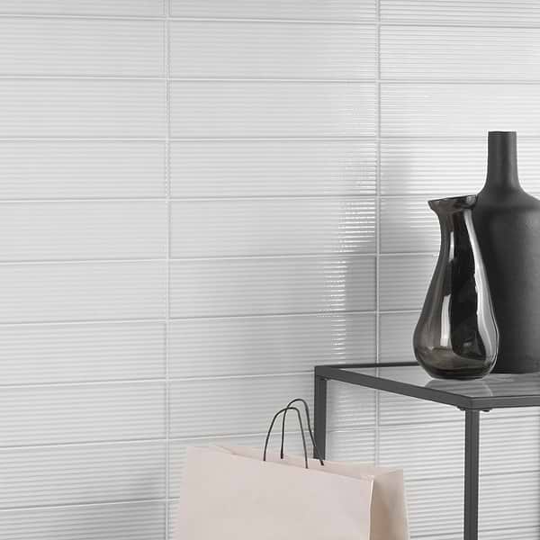 Stacy Garcia ArtBlock Grooved Bianco 4x16; in White Porcelain; for Backsplash, Kitchen Wall, Outdoor Wall, Pool Tile, Shower Wall, Wall Tile; in Style Ideas Art Deco, Beach, Classic, Contemporary, Cottage, Craftsman, Farmhouse, Industrial, Mid Century, Modern, Traditional, Transitional