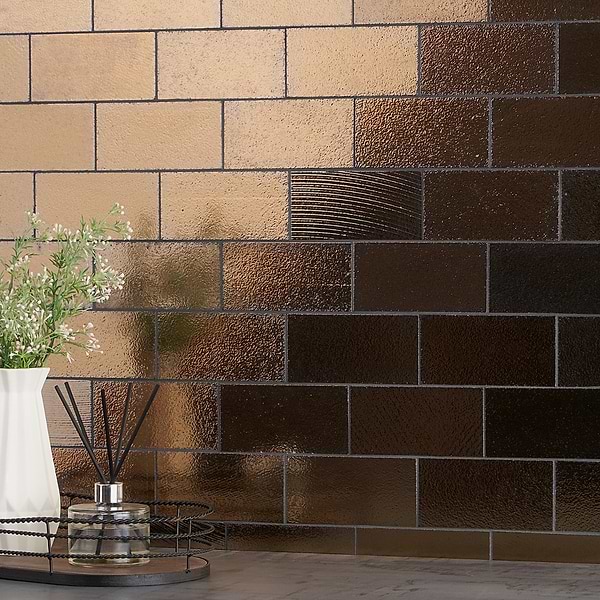 Art Lava 3x6 Brick Metallic Bronze; in Bronze Lava Stone; for Backsplash, Bathroom Floor, Bathroom Wall, Commercial Floor, Floor Tile, Kitchen Floor, Kitchen Wall, Outdoor Floor, Outdoor Wall, Shower Floor, Shower Wall, Wall Tile; in Style Ideas Art Deco, Contemporary, Industrial