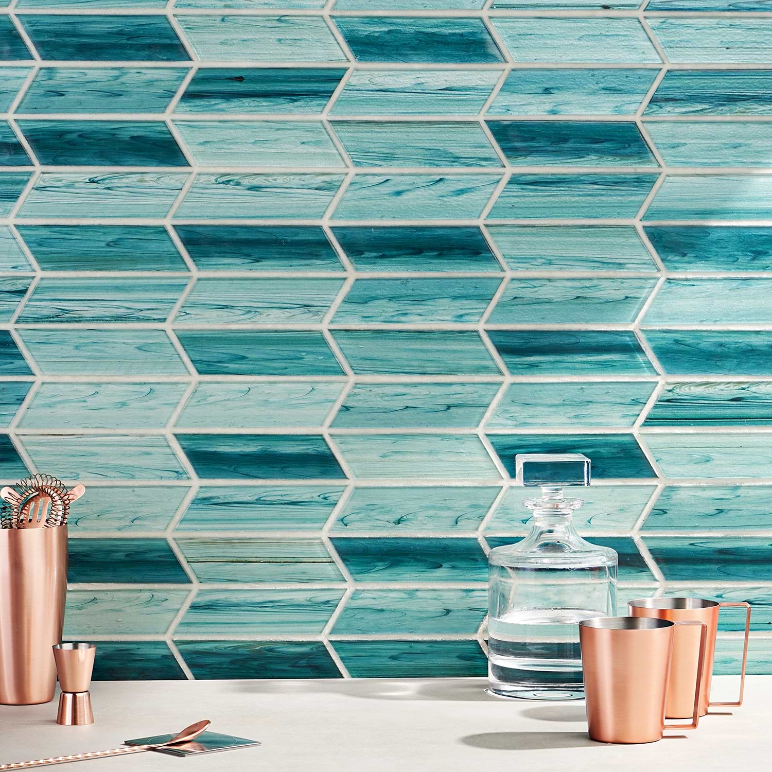 Shop Close Out - Brook Chevron Teal Green 2x7 Polished Glass