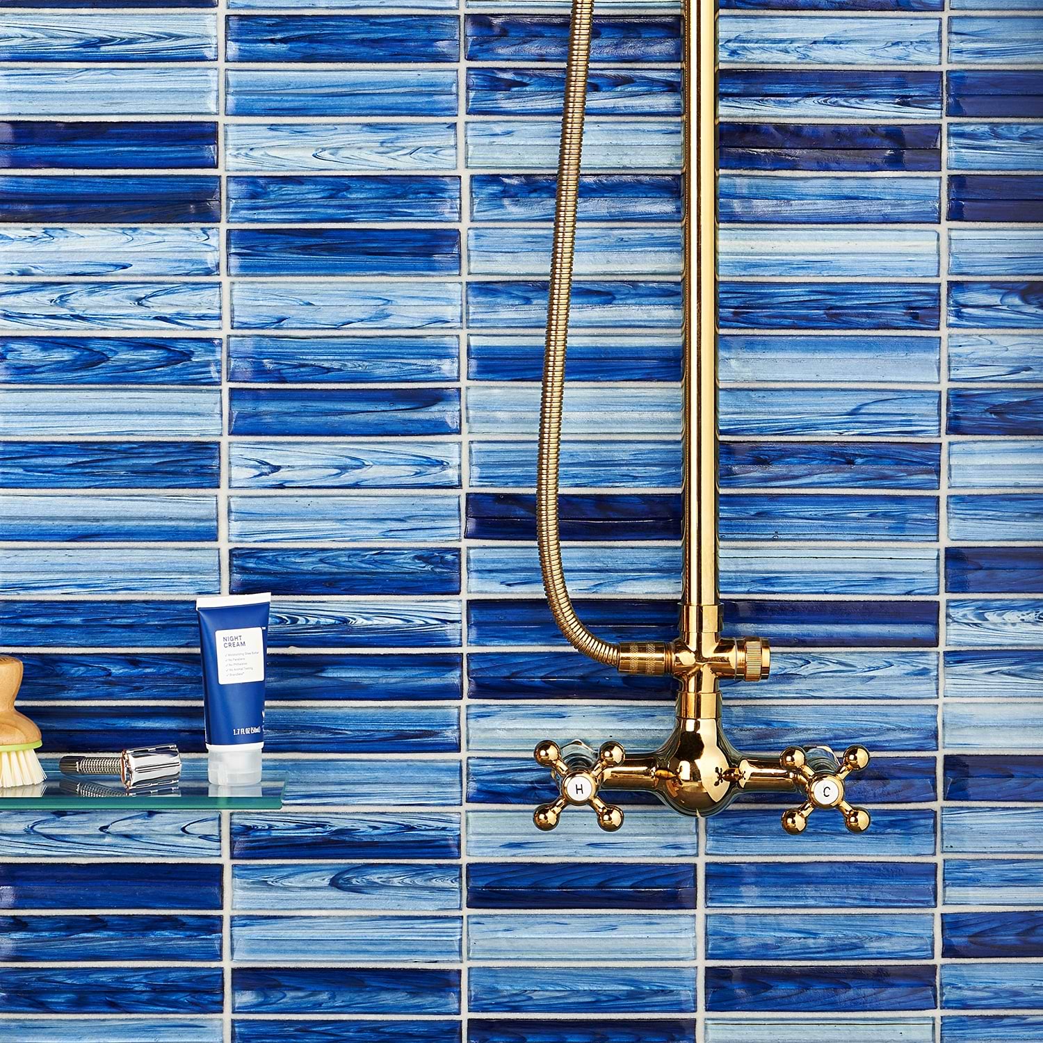 Shop Close Out - Brook Stacked Azur Blue 1x5 Polished Glass Mosaic