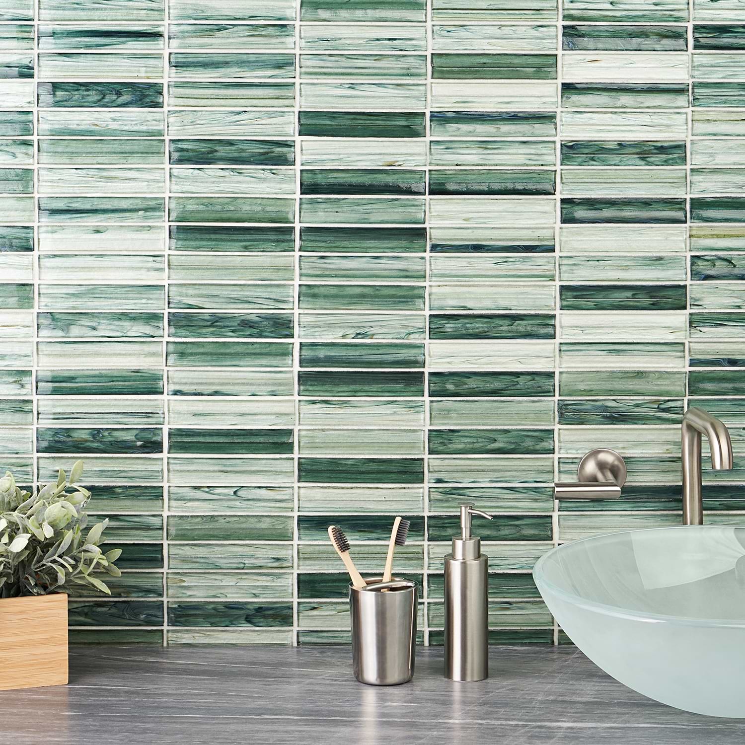 Shop Close Out - Brook Stacked Sage Green 1x5 Polished Glass