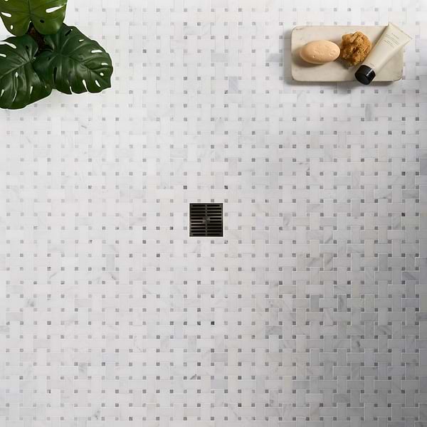 Basket Weave Asian Statuary with Silver Dot Honed; in White w/Gray Dots Asian Statuary; for Backsplash, Bathroom Floor, Bathroom Wall, Commercial Floor, Floor Tile, Kitchen Floor, Kitchen Wall, Outdoor Wall, Shower Wall, Wall Tile; in Style Ideas Classic, Craftsman, Traditional