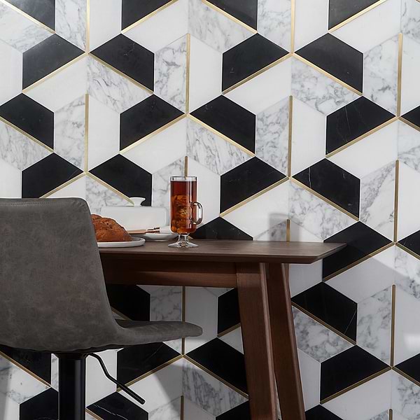 Carraway Nero Blanco Polished Marble and Brass Mosaic Tile