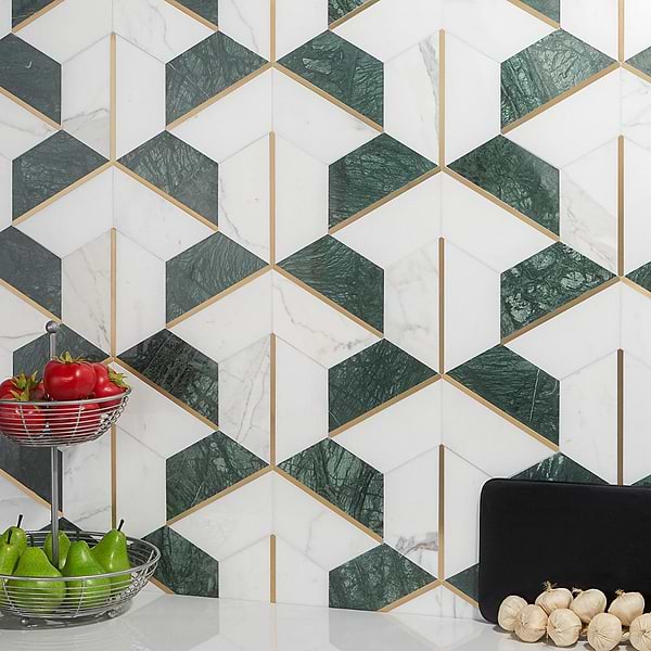 Carraway Verde Polished Marble and Brass Mosaic Tile