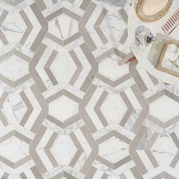 Encore Andante - Lady Gray & Calacatta Gold; in Beige + White Marble; for Backsplash, Bathroom Floor, Bathroom Wall, Commercial Floor, Floor Tile, Kitchen Floor, Kitchen Wall, Outdoor Wall, Shower Floor, Shower Wall, Wall Tile; in Style Ideas Art Deco, Mid Century, Transitional