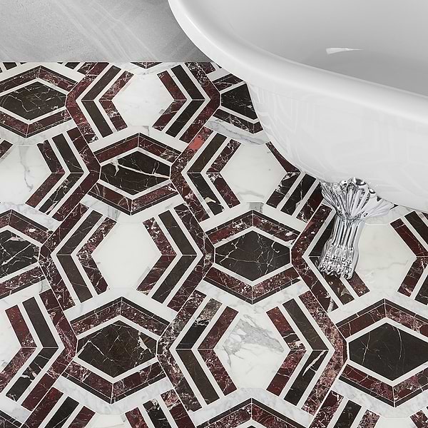 Encore Bordeaux - Russo, Saint Laurent & Calacatta; in Deep Brown + White + Oxblood Red Marble; for Backsplash, Bathroom Floor, Bathroom Wall, Commercial Floor, Floor Tile, Kitchen Floor, Kitchen Wall, Outdoor Wall, Shower Floor, Shower Wall, Wall Tile; in Style Ideas Art Deco, Mid Century, Transitional