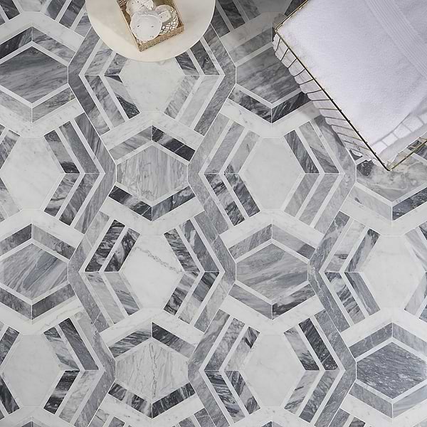 Encore Canta - White Cararra & Bardiglio; in Gray + White Marble; for Backsplash, Bathroom Floor, Bathroom Wall, Commercial Floor, Floor Tile, Kitchen Floor, Kitchen Wall, Outdoor Wall, Shower Floor, Shower Wall, Wall Tile; in Style Ideas Art Deco, Mid Century, Transitional