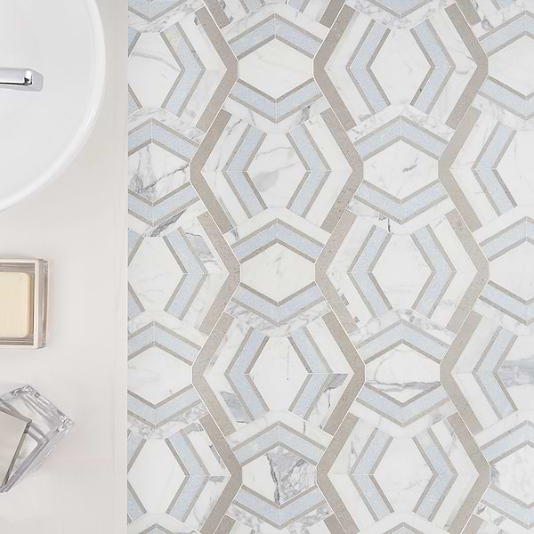 Encore Dolce - Blue Celeste, Lady Gray & Calacatta; in Beige + White + Blue Marble; for Backsplash, Bathroom Floor, Bathroom Wall, Commercial Floor, Floor Tile, Kitchen Floor, Kitchen Wall, Outdoor Wall, Shower Floor, Shower Wall, Wall Tile; in Style Ideas Art Deco, Mid Century, Transitional