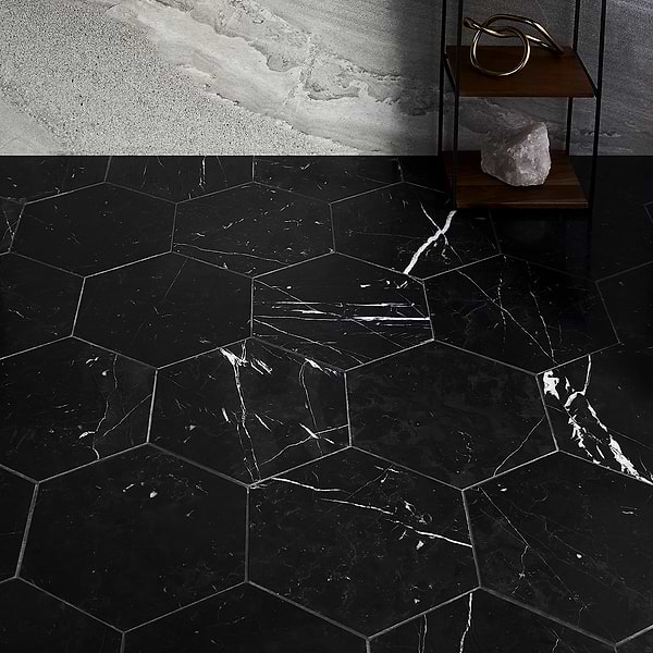 Epoch Nero Marquina 10" Hexagon Honed; in Black Nero Marquina; for Backsplash, Bathroom Floor, Bathroom Wall, Commercial Floor, Floor Tile, Kitchen Floor, Kitchen Wall, Outdoor Floor, Outdoor Wall, Shower Floor, Shower Wall, Wall Tile; in Style Ideas Modern
