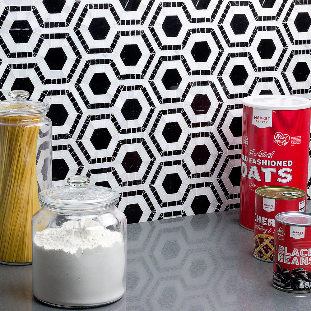 Evo Hex Nero & Asian Statuary; in Nero + White Black Marble + Asian Statuary; for Backsplash, Bathroom Floor, Bathroom Wall, Commercial Floor, Floor Tile, Kitchen Floor, Kitchen Wall, Outdoor Wall, Shower Floor, Shower Wall, Wall Tile; in Style Ideas Mid Century, Transitional