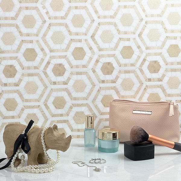 Evo Hex Crema & Thassos; in Crema + Thassos Crema Marfil + Thassos; for Backsplash, Bathroom Floor, Bathroom Wall, Commercial Floor, Floor Tile, Kitchen Floor, Kitchen Wall, Outdoor Wall, Shower Floor, Shower Wall, Wall Tile; in Style Ideas Mid Century, Transitional