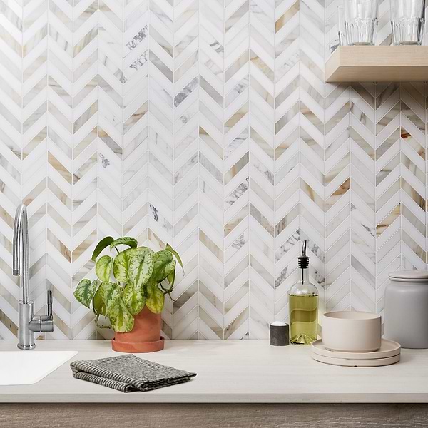 Falcon Calacatta & Thassos; in Calacatta + Thassos Calacatta + Thassos; for Backsplash, Bathroom Floor, Bathroom Wall, Commercial Floor, Floor Tile, Kitchen Floor, Kitchen Wall, Outdoor Wall, Shower Floor, Shower Wall, Wall Tile; in Style Ideas Art Deco, Modern