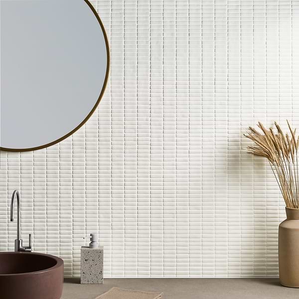 Nesso Brick White Frosted Matte Glass Mosaic; in White Recycled Glass; for Backsplash, Bathroom Floor, Bathroom Wall, Floor Tile, Kitchen Floor, Kitchen Wall, Outdoor Wall, Pool Tile, Shower Floor, Shower Wall, Wall Tile; in Style Ideas Contemporary, Modern, Transitional, Whimsical