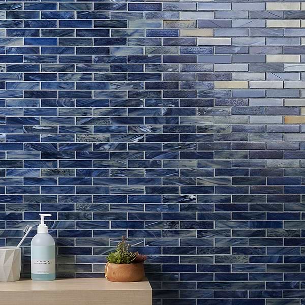 Amberly Iridescent Sky; in Blue Glass; for Backsplash, Bathroom Wall, Kitchen Wall, Outdoor Wall, Pool Tile, Shower Wall, Wall Tile; in Style Ideas Beach, Contemporary, Industrial, Transitional, Whimsical