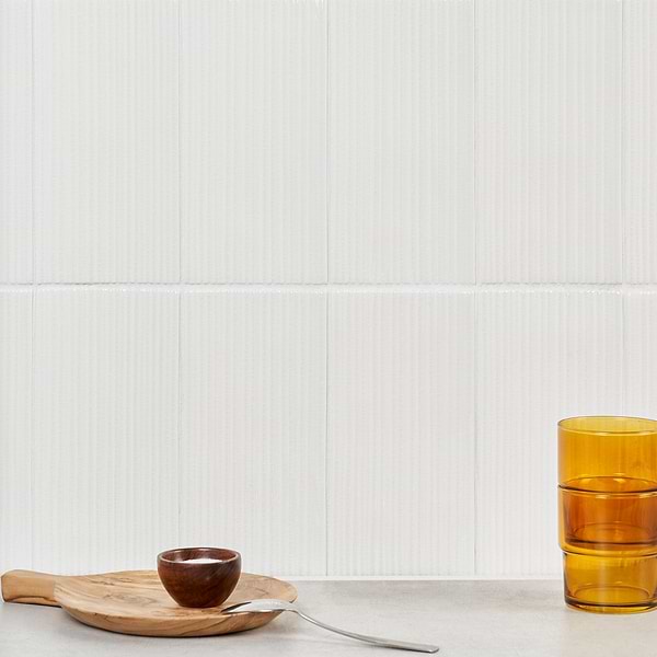 Baroque Glass Blanco White 4.5x9 Fluted Ridged Polished; in White Glass; for Backsplash, Bathroom Wall, Kitchen Wall, Outdoor Wall, Shower Wall, Wall Tile; in Style Ideas Art Deco, Classic, Contemporary, Craftsman, Traditional