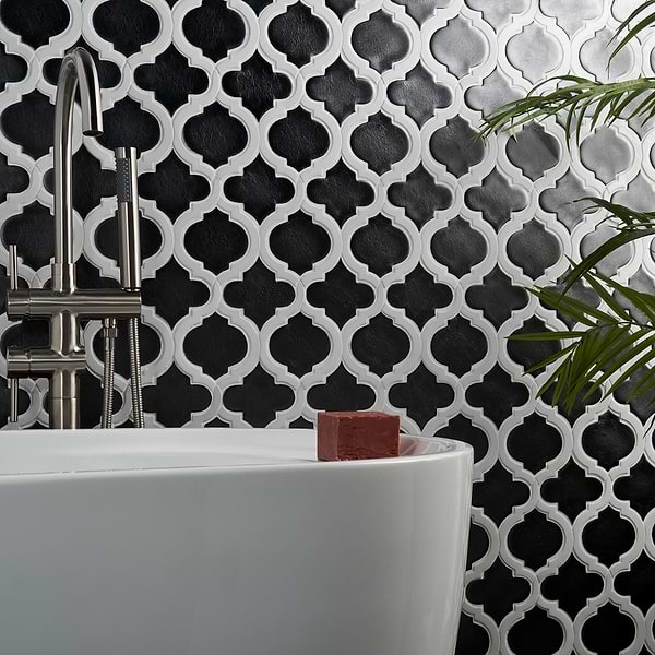 Baroque Glass Lantern Gun Metal with Asian Statuary Lines; in Metallic Gray, White Crackled Glass + Marble; for Backsplash, Bathroom Wall, Kitchen Wall, Shower Wall, Wall Tile; in Style Ideas Farmhouse, Mediterranean, Mid Century