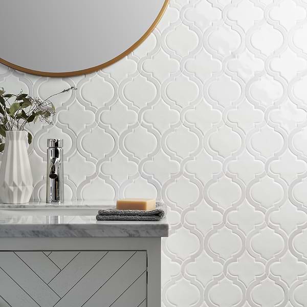 Baroque Glass Lantern Blanco w/ Asian Statuary Lines; in White Crackled Glass + Marble; for Backsplash, Bathroom Wall, Kitchen Wall, Shower Wall, Wall Tile; in Style Ideas Farmhouse, Mediterranean, Mid Century