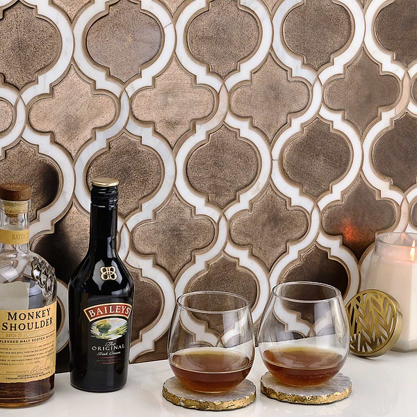 Close Out - Baroque Glass Lantern Copper with Asian Statuary Lines; in Copper, White Crackled Glass + Marble; for Backsplash, Bathroom Wall, Kitchen Wall, Shower Wall, Wall Tile; in Style Ideas Farmhouse, Mediterranean, Mid Century