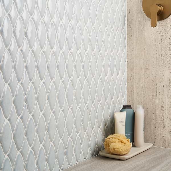 Baroque Glass Ornate Sky; in Light Blue Crackled Glass; for Backsplash, Bathroom Wall, Kitchen Wall, Shower Wall, Wall Tile; in Style Ideas Classic, Contemporary, Craftsman, Farmhouse, Traditional, Transitional