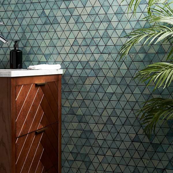 Gowanus Triangle Aquamarine; in Green Lava Stone; for Backsplash, Bathroom Floor, Bathroom Wall, Commercial Floor, Floor Tile, Kitchen Floor, Kitchen Wall, Outdoor Floor, Outdoor Wall, Pool Tile, Shower Floor, Shower Wall, Wall Tile; in Style Ideas Contemporary, Industrial, Modern, Transitional