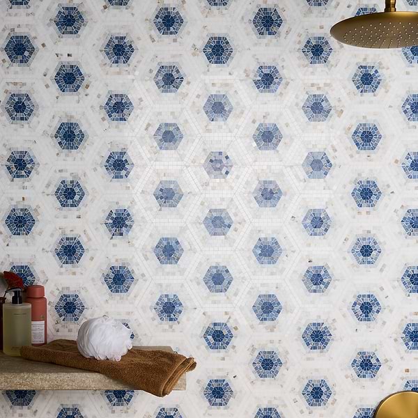 Imogen Azul Blue 6" Hexagon Marble Micro Mosaic; in Blue, White Crystalized Blue, Blue Macauba, Carrara, Alaska White, Thassos; for Backsplash, Bathroom Floor, Bathroom Wall, Commercial Floor, Floor Tile, Kitchen Floor, Kitchen Wall, Outdoor Floor, Outdoor Wall, Shower Floor, Shower Wall, Wall Tile; in Style Ideas Art Deco, Beach, Contemporary, Mediterranean, Modern, Traditional