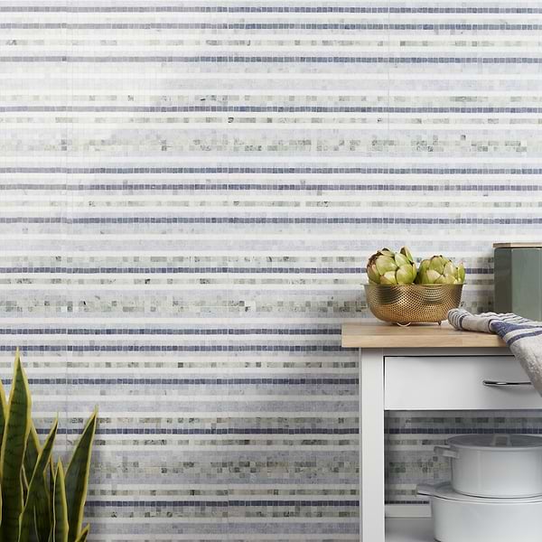 Madras Lines Sky - Thassos, Blue Celeste, Blue Macauba, Carrara & Ming Green; in Green Thassos Blue Celeste + Blue Macauba + Carrara; for Backsplash, Bathroom Floor, Bathroom Wall, Commercial Floor, Floor Tile, Kitchen Floor, Kitchen Wall, Outdoor Floor, Outdoor Wall, Shower Floor, Shower Wall, Wall Tile; in Style Ideas Beach, Contemporary, Mediterranean, Mid Century, Transitional, Whimsical